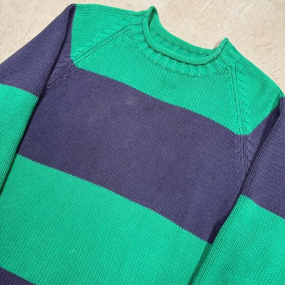 Vintage Eddie Bauer Knit Sweater Green Purple Striped Crewneck Cotton Medium - Picture 2 of 5